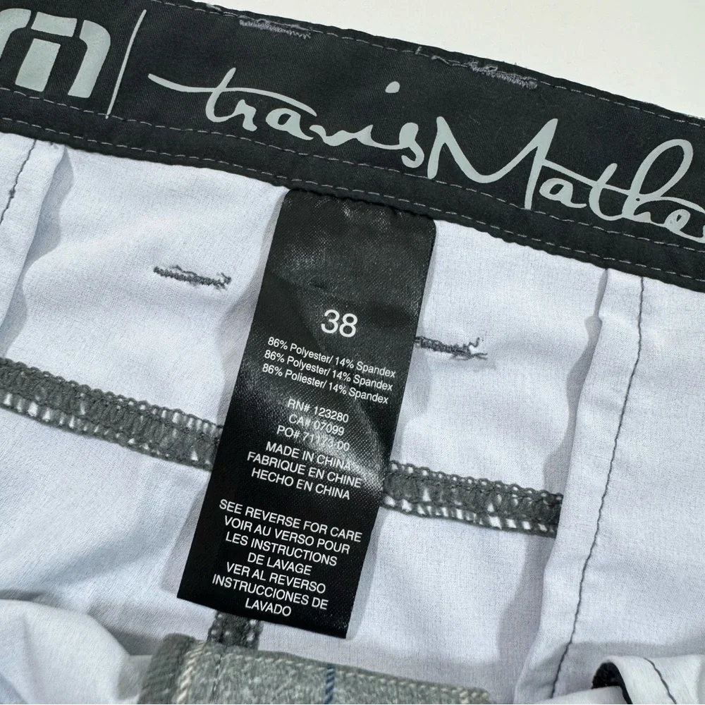 Travis Mathew Flat Front Shorts Grey Blue Check Print